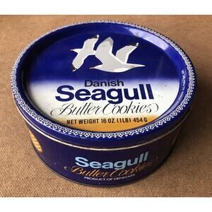 Vintage Seagull Danish Butter Cookie Tin Round Beach House Decor Denmark Rare